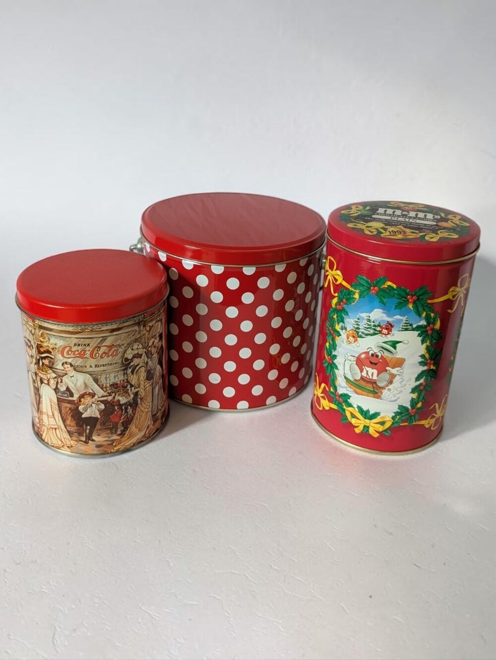 Christmas Tin Lot 3pc Coca Cola M&Ms Polka Dot Retro Holiday Decor Set Vintage